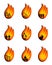 Vector fire icons isolated on white background.Illustration of yellow and orange flame of fire,burning city,field,campfire,spruce
