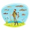 Vector fisherman man fishing and fish catch