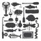 Vector fisherman monochrome handdrawn objects & items set