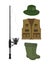 Vector fishing collection. Fish-rod, boots, waders, vest and hat