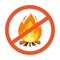 Vector flammable, hazard warning symbol design illustration. Forbidden to build a fire. Red line cross in circle with