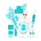 Vector flat abstract doctor with syringe, wearing mask, who is depicted with protective shield