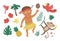 Vector flat African or Papuan boy with birds, flowers, fruits, monkey. Cute tropical, jungle, exotic set of elements. Funny summer