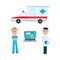 Vector flat ambulance car, surgeon, doctor, laptop