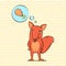 Vector flat art colour cartoon illustration of anthropomorphic red fox wich dreaming about chicken leg on a geometric backg