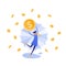 Vector flat autumn sale people illustration. Female with umbrella and dollar coin dancing in money rain isolated on white