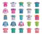 Vector flat baby infant clothes textile icon set design casual fabric colorful dress child garment wear illustration t