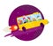 Vector flat back to school illustration with big yellow school bus flying like rocket on dark blue sky isolated.