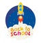 Vector flat back to school illustration with flying big yellow rocket on dark blue sky isolated.