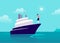 Vector flat business illustration with business lady sailing on ship through ocean towards city on blue clouded sky.