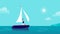 Vector flat business illustration with business lady sailing on ship through ocean towards city on blue clouded sky.