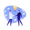 Vector flat business medicine person illustration. Male doctor and businessman handshake. Light bulb, coin and pill signs. Concept
