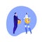 Vector flat business robot person illustration. Businessman handshake with robot holding dollar and bitcoin. Concept of using ai