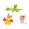 Vector flat cartoon dragons with horns, wings set