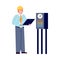 Vector flat cartoon illustration of character of engineer at oil refinery stands with laptop in his hands next to