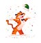 Vector flat cartoon illustration of new year and merry Christmas mascot tiger funny character and green Santa hat isolated.
