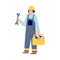 Vector flat cartoon illustration of repairman at gas or oil factory, builder holding wrench and tools in his hands