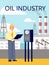 Vector flat cartoon illustration of working engineer against background of oil refinery holding laptop and standing next