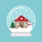 Vector flat cartoon snowball with house landscape