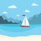 Vector flat cartoon style illustration of blue sea with sailboat, mountains, clouds and sand beach