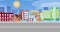 Vector flat cartoon urban panorama - cityscape with different city buildings - office center, private houses, cottages