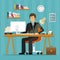 Vector flat character design of office worker. Businessman working in office, sitting at desk, looking at computer screen.