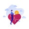 Vector flat charity money people illustration. Female donate coin to heart shape donation box. Concept of social care, insurance