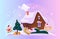 Vector flat Christmas illustration with winter composition - fir tree with gift boxes, ginger house on snowy hills and funny cute
