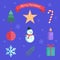 Vector flat collection of Christmas elements. Icon of tree, star, candy, ball, snowman, candle, snowflake, twig and present. Blue