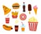 Vector flat collection of fast food meal objects - pizza, burger, donut, coffee, popcorn, fries isolated on white textured backgro