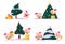 Vector flat collection of Merry Christmas happy pig elf at New year tree - ring bell, carry lollipop & gift box, jump happy, decor