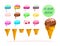 Vector flat collection of tasty sweet colorful ice cream cones elements