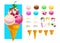 Vector flat collection of tasty sweet colorful ice cream cones elements isolated on white background.