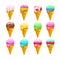 Vector flat collection of tasty sweet ice cream cones
