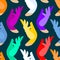 Vector flat colorful hands for backgrounds, clothes, accessories. Seamless pattern with colored gloves on elegant hand