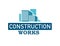 Vector flat construction works company brand blue colored design template. Building company and architect bureau insignia,