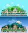 Vector flat countryside village buildings: day, night, houses