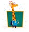 Vector flat cute giraffe student character standing at chalkboard on white background.