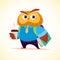 Vector flat cute little coffee owl student character standing on white background. School boy with bag and book.