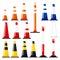 Vector flat design illustration of traffic cones set orange, blue, red, yellow, black color with reflective stripes stickers