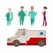 Vector flat doctor nurse surgeon ambulance car set