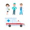 Vector flat doctor nurse surgeon ambulance car set