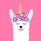 Vector flat face of llama unicorn with flowers