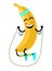 Vector flat funny banana character jumping at rope. Cheerful fruit makes exercises with skipping rope. Isolated