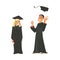 Vector flat girl, boy graduate in gown, cap