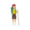 Vector flat girl hiker with backpack trekking pole