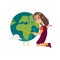 Vector flat girl hugging earth planet character