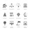 Vector flat glyph icons of pendulums types. Newton cradle, metronome, table pendulum, perpetuum mobile, gyroscope. Signs