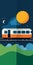 Vector Flat Graphic Design Of Train On Rails With Moon And Clouds