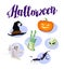 Vector flat halloween card, banner, poster, placard, party invitation, flayer design elements.